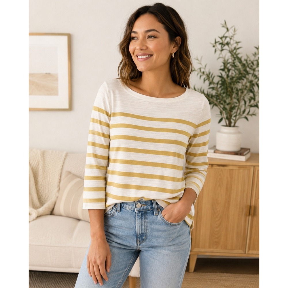 LOFT Women Small P Dark Yellow Stripe 3/4 Sleeve Boat Neck Top Cotton Casual
